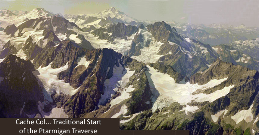Graphic header with image of Cache Col taken from the summit of Sahale Pk